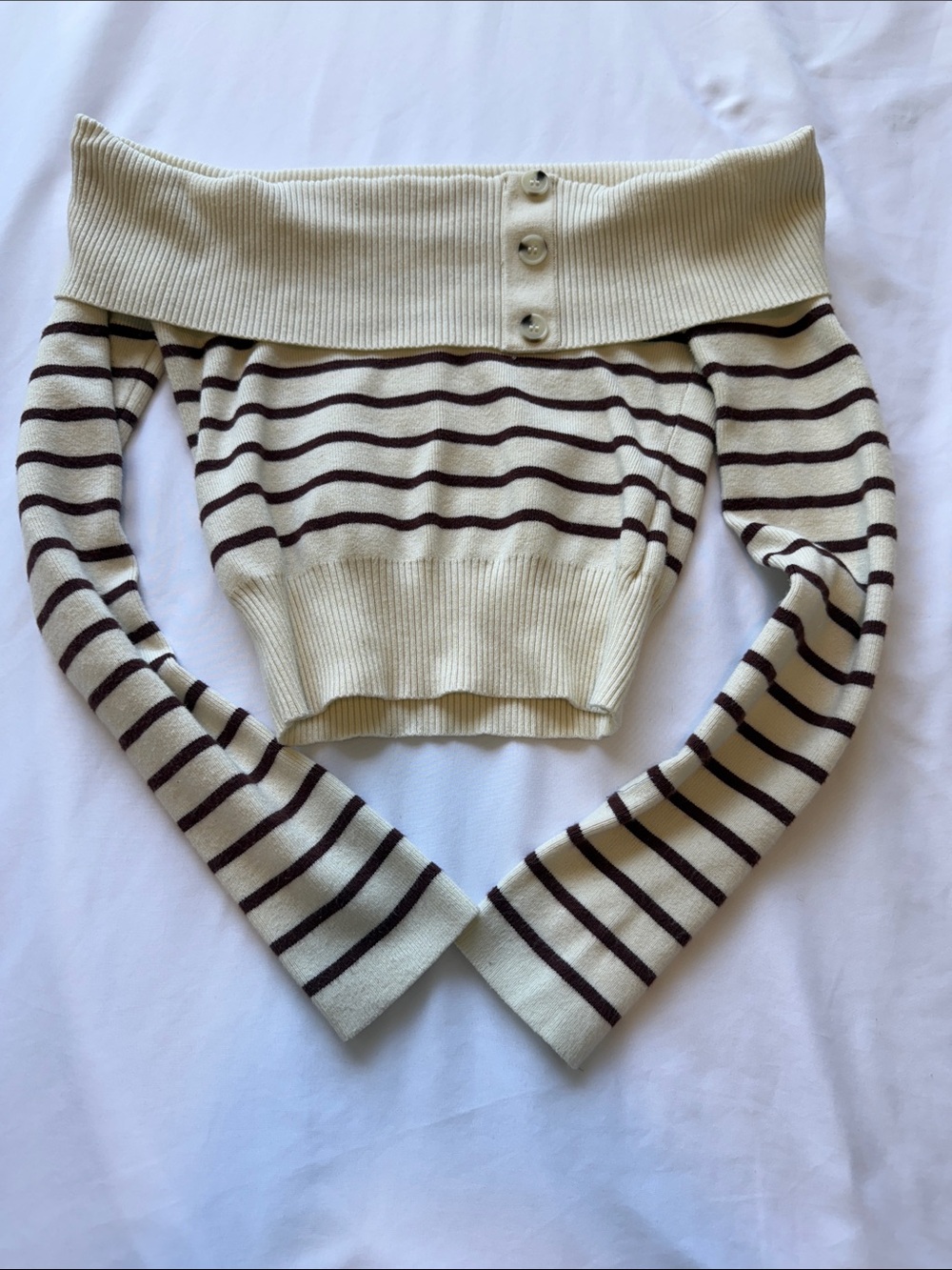 Forever 21 Cream and Dark Brown Striped Off-Shoulder Cropped Sweater